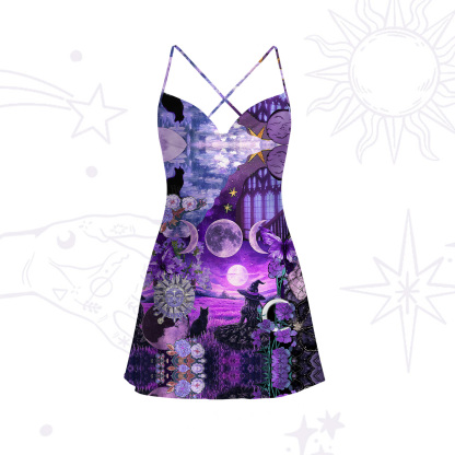 Purplehecate Witchy Black Cat Moon Satin Cross Back Mini Dress
