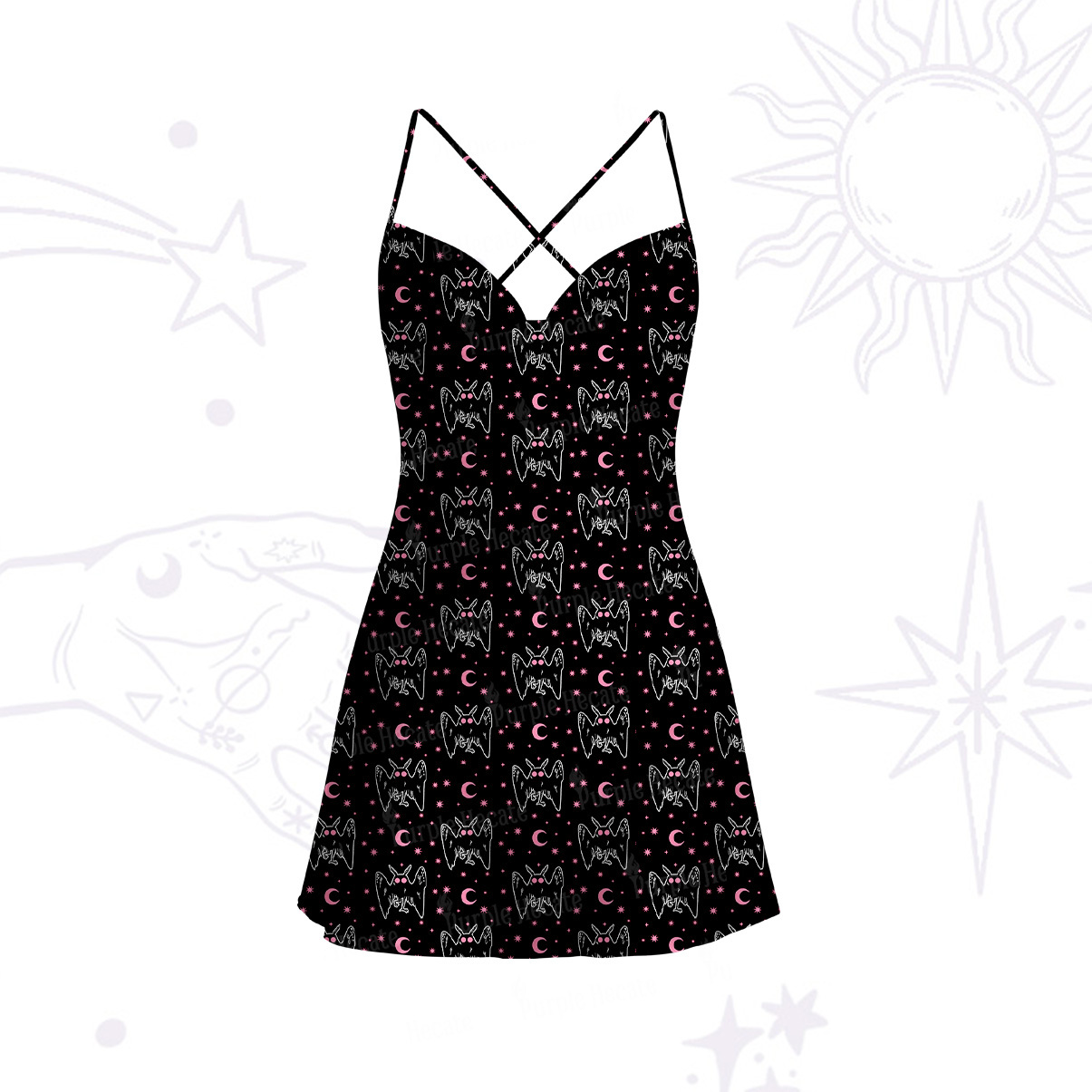 Purplehecate Witchy Mothman Night Satin Cross Back Mini Dress