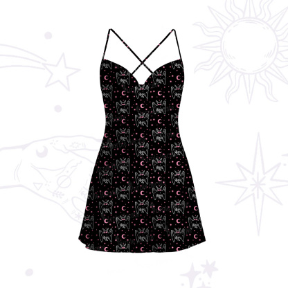 Purplehecate Witchy Mothman Night Satin Cross Back Mini Dress