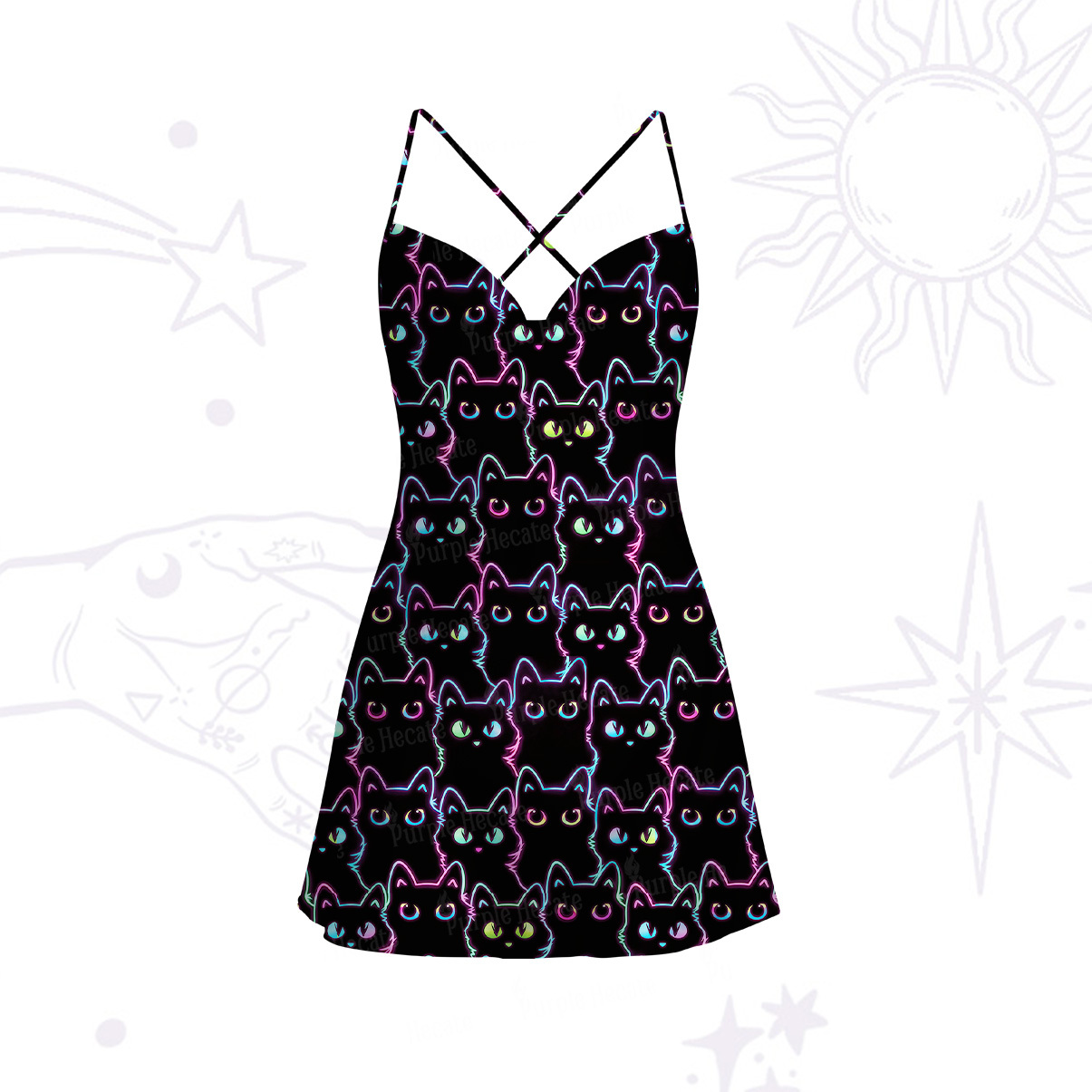 Purplehecate Neon Glow Stacked Cats Satin Cross Back Mini Dress