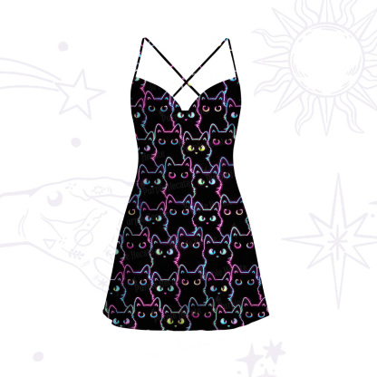 Purplehecate Neon Glow Stacked Cats Satin Cross Back Mini Dress