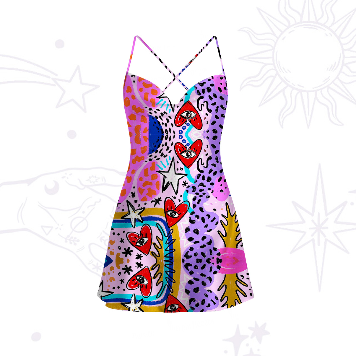 Purplehecate Cosmic Love Eyes Graffiti Satin Cross Back Mini Dress