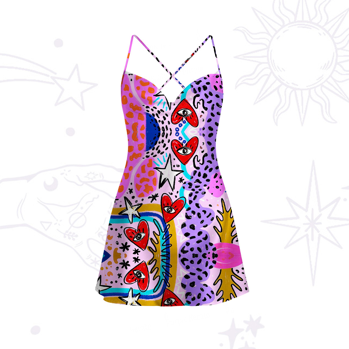 Purplehecate Cosmic Love Eyes Graffiti Satin Cross Back Mini Dress