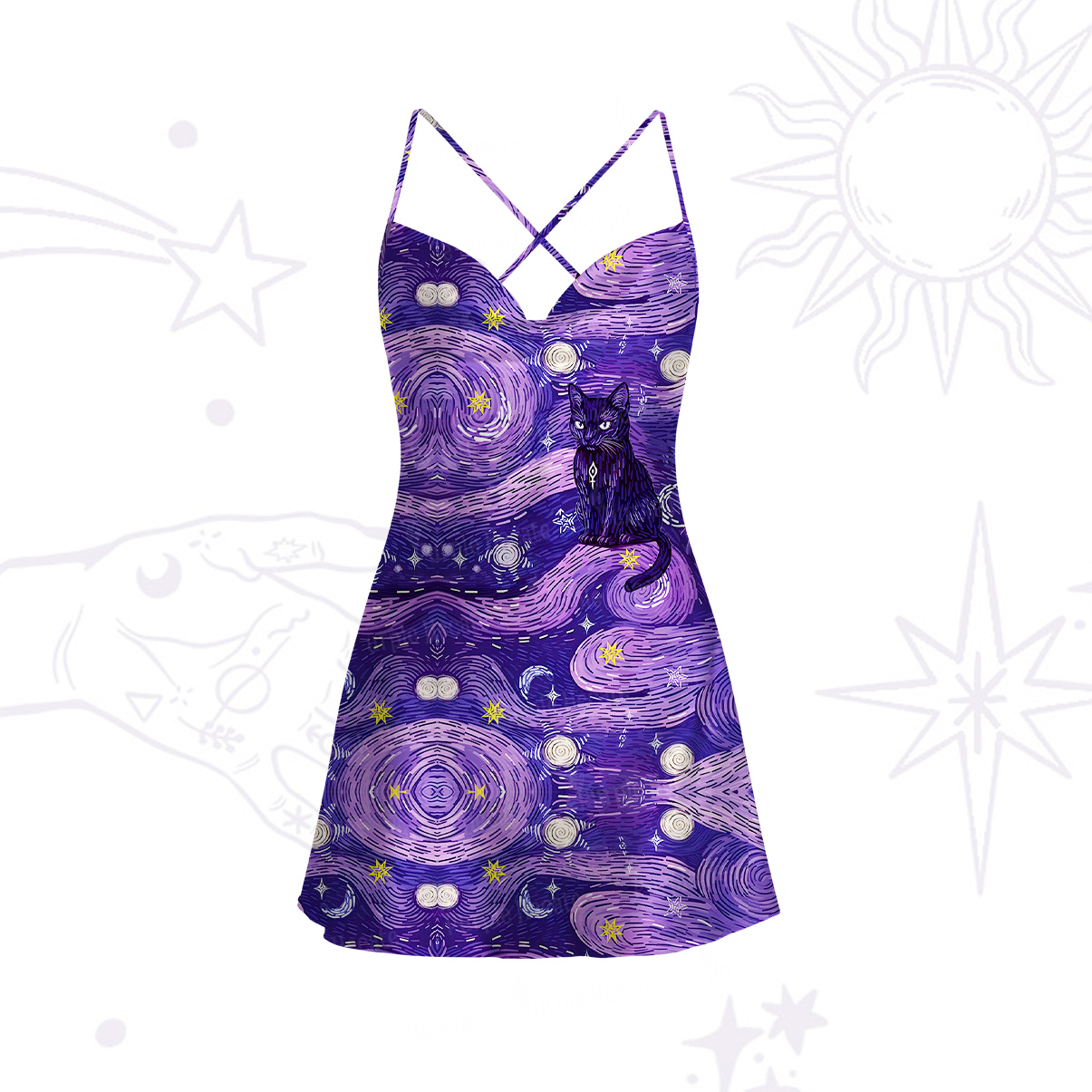 Purplehecate Mystic Cat Beneath the Cosmic Veil Satin Cross Back Mini Dress