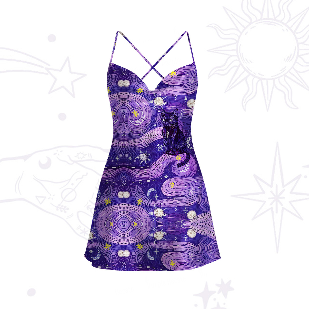 Purplehecate Mystic Cat Beneath the Cosmic Veil Satin Cross Back Mini Dress