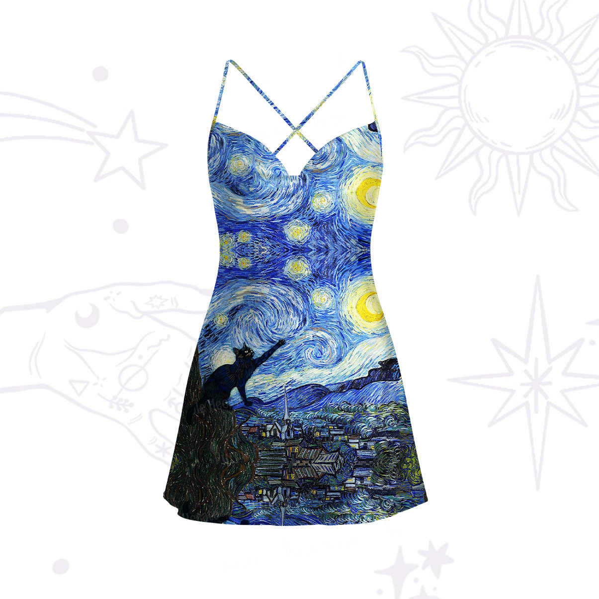 Purplehecate Witch Cat Under the Starry Night Satin Cross Back Mini Dress