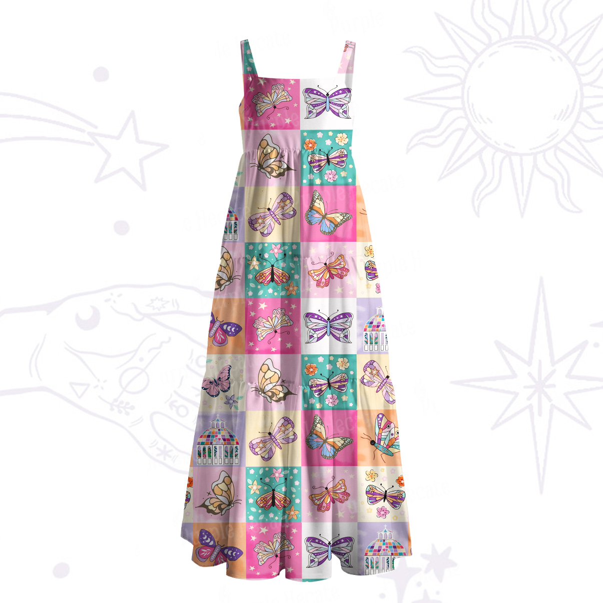 Purplehecate Dreamy Butterfly Garden Wide Straps Maxi Dress