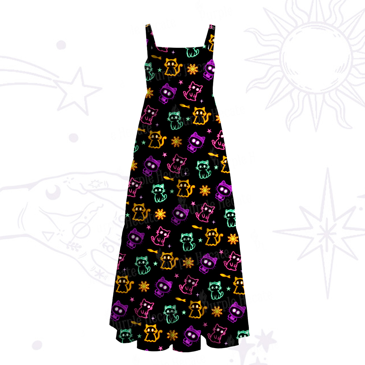 Purplehecate Neon Cat Party Wide Straps Maxi Dress