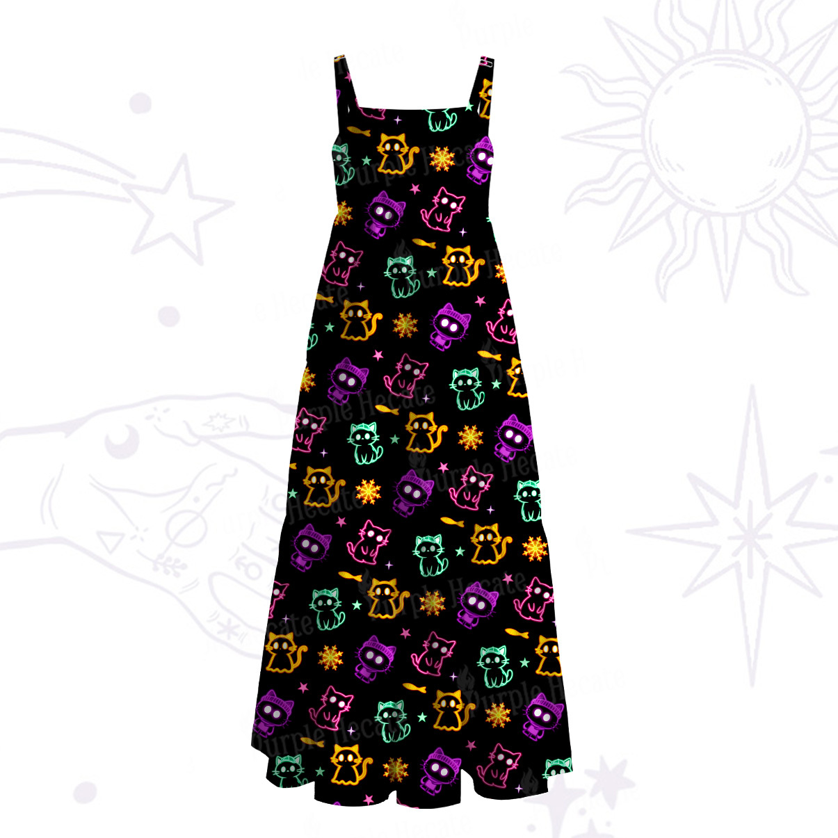 Purplehecate Neon Cat Party Wide Straps Maxi Dress