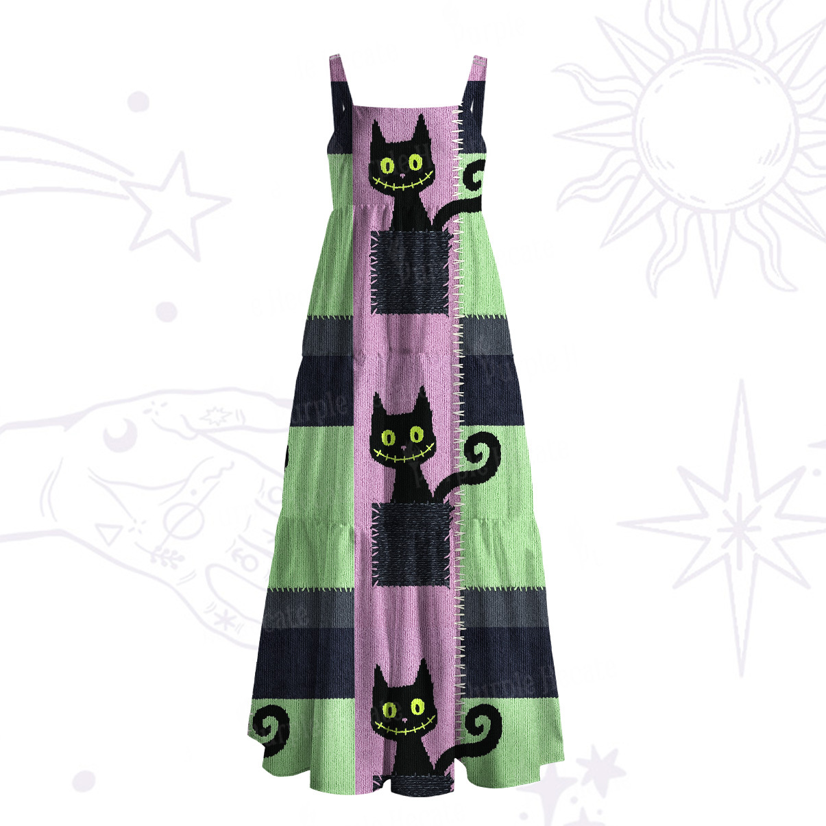 Purplehecate Monster Black Cat Wide Straps Maxi Dress