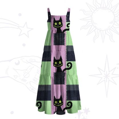 Purplehecate Monster Black Cat Wide Straps Maxi Dress