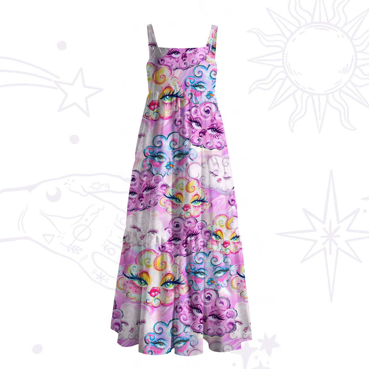 Purplehecate Dreamy Cloud Faces Wide Straps Maxi Dress
