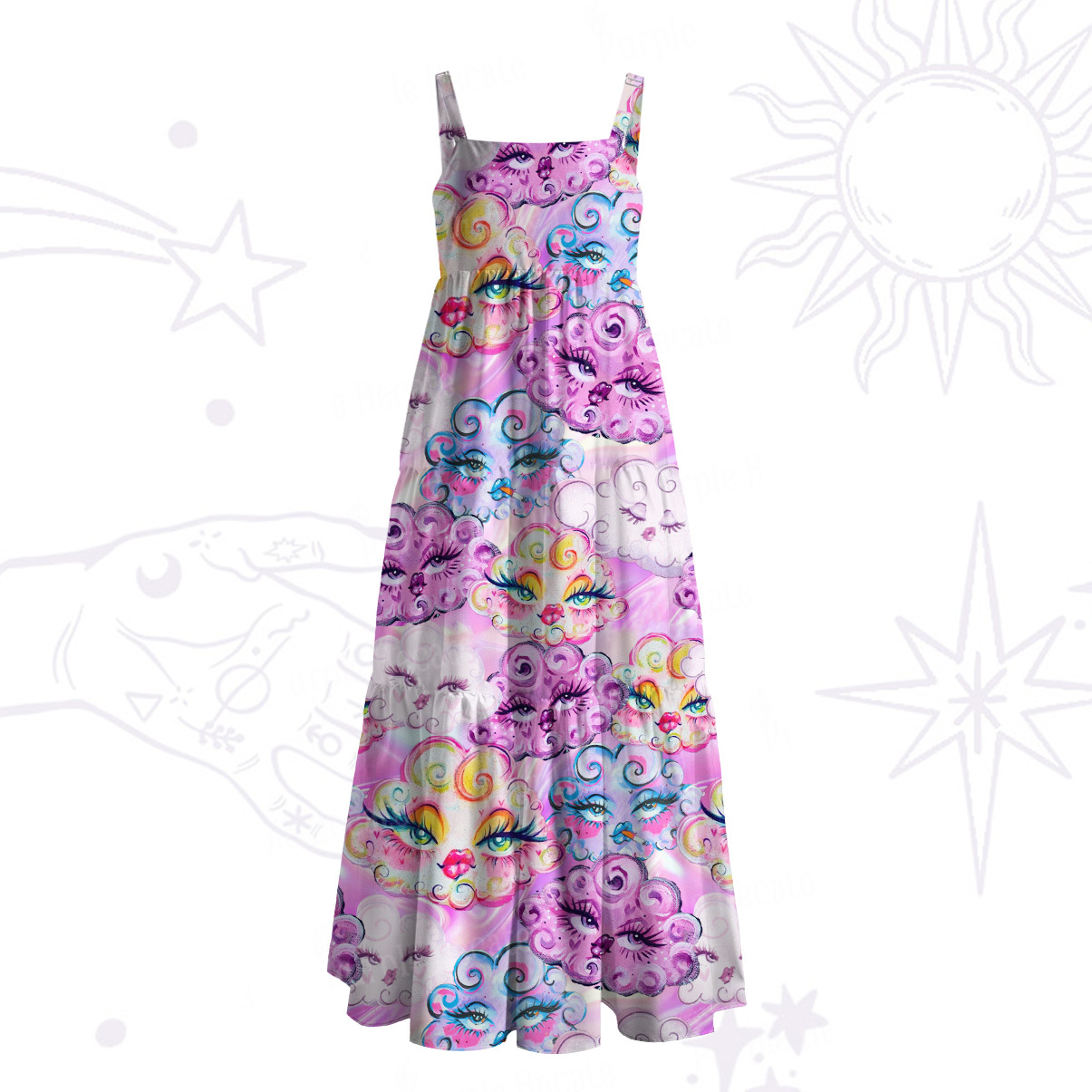 Purplehecate Dreamy Cloud Faces Wide Straps Maxi Dress