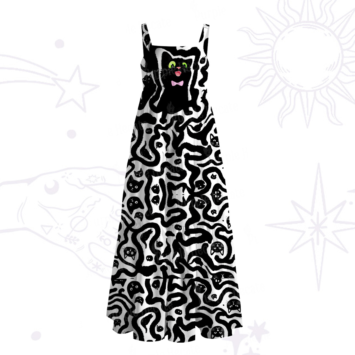 Purplehecate Whimsical Abstract Cat Wide Straps Maxi Dress