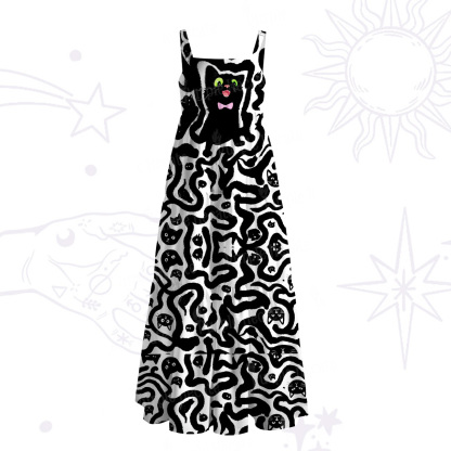 Purplehecate Whimsical Abstract Cat Wide Straps Maxi Dress