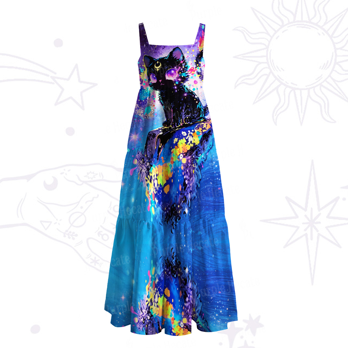Purplehecate Neon Galaxy Cat Wide Straps Maxi Dress