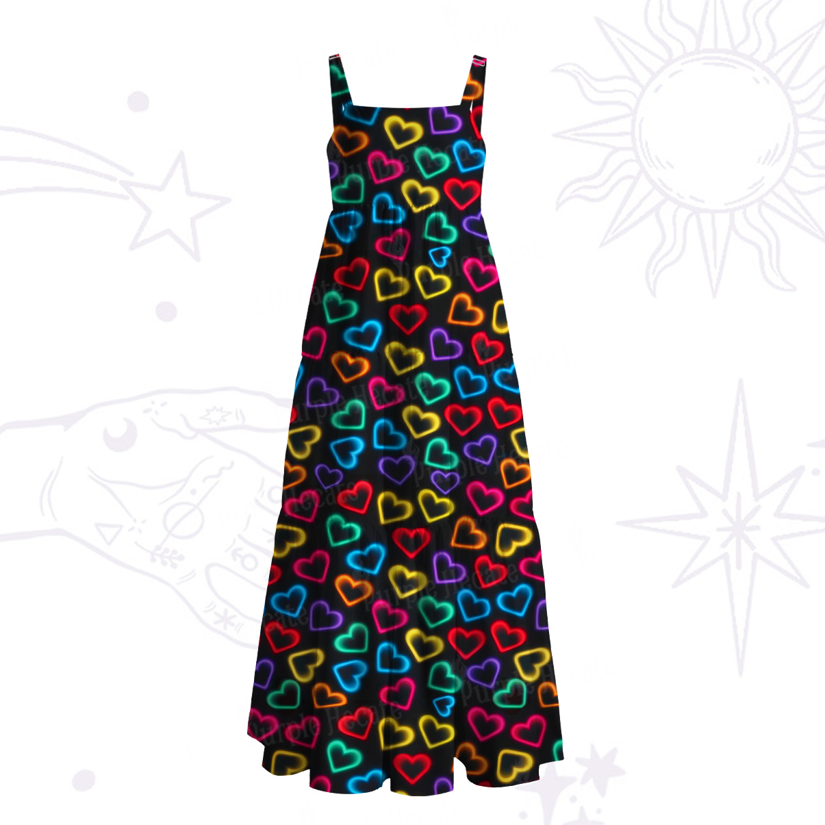 Purplehecate Neon Heart Wide Straps Maxi Dress