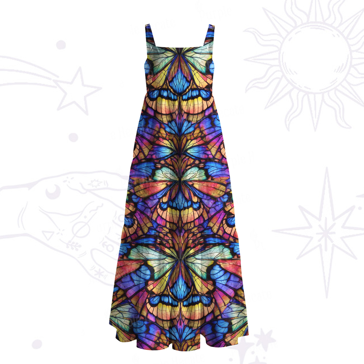 Purplehecate Colorful Butterfly Wing Pattern Wide Straps Maxi Dress