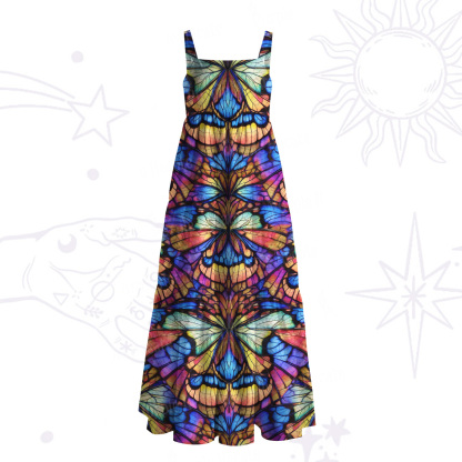 Purplehecate Colorful Butterfly Wing Pattern Wide Straps Maxi Dress