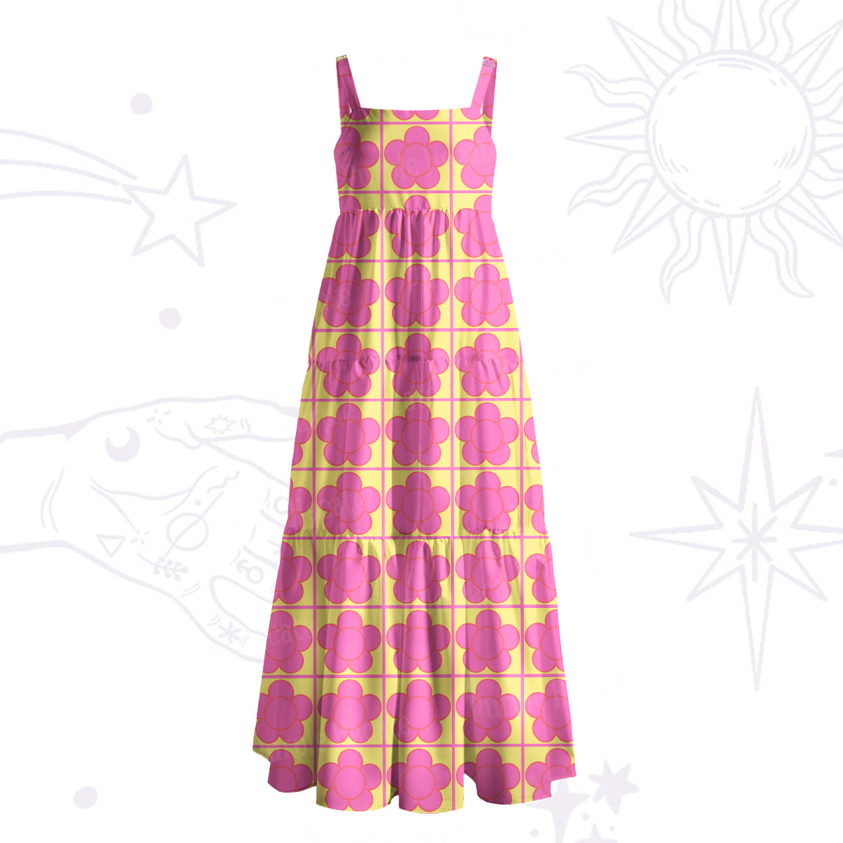 Purplehecate Bubble Flower Checkered Wide Straps Maxi Dress