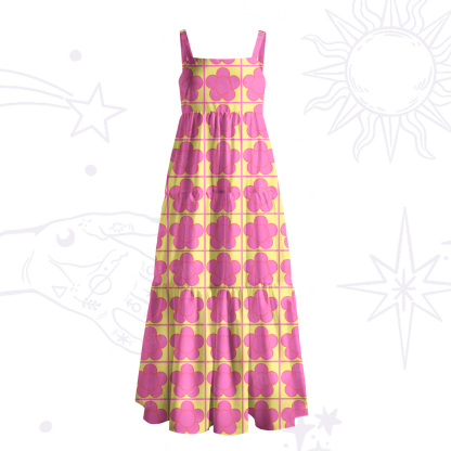 Purplehecate Bubble Flower Checkered Wide Straps Maxi Dress