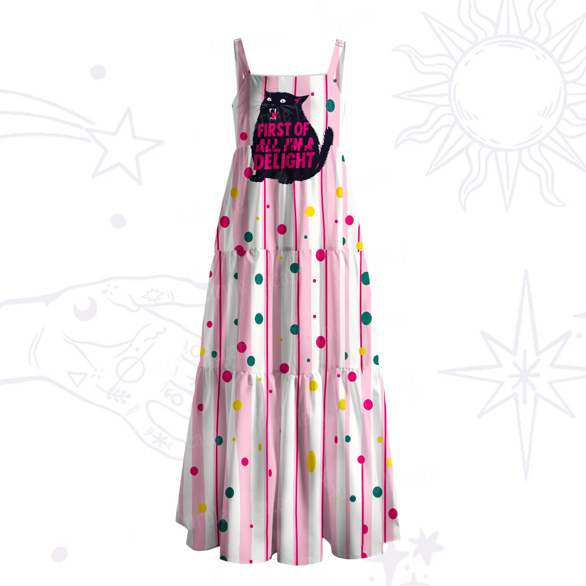 Purplehecate First Of All I'm A Delight Cat Wide Straps Maxi Dress