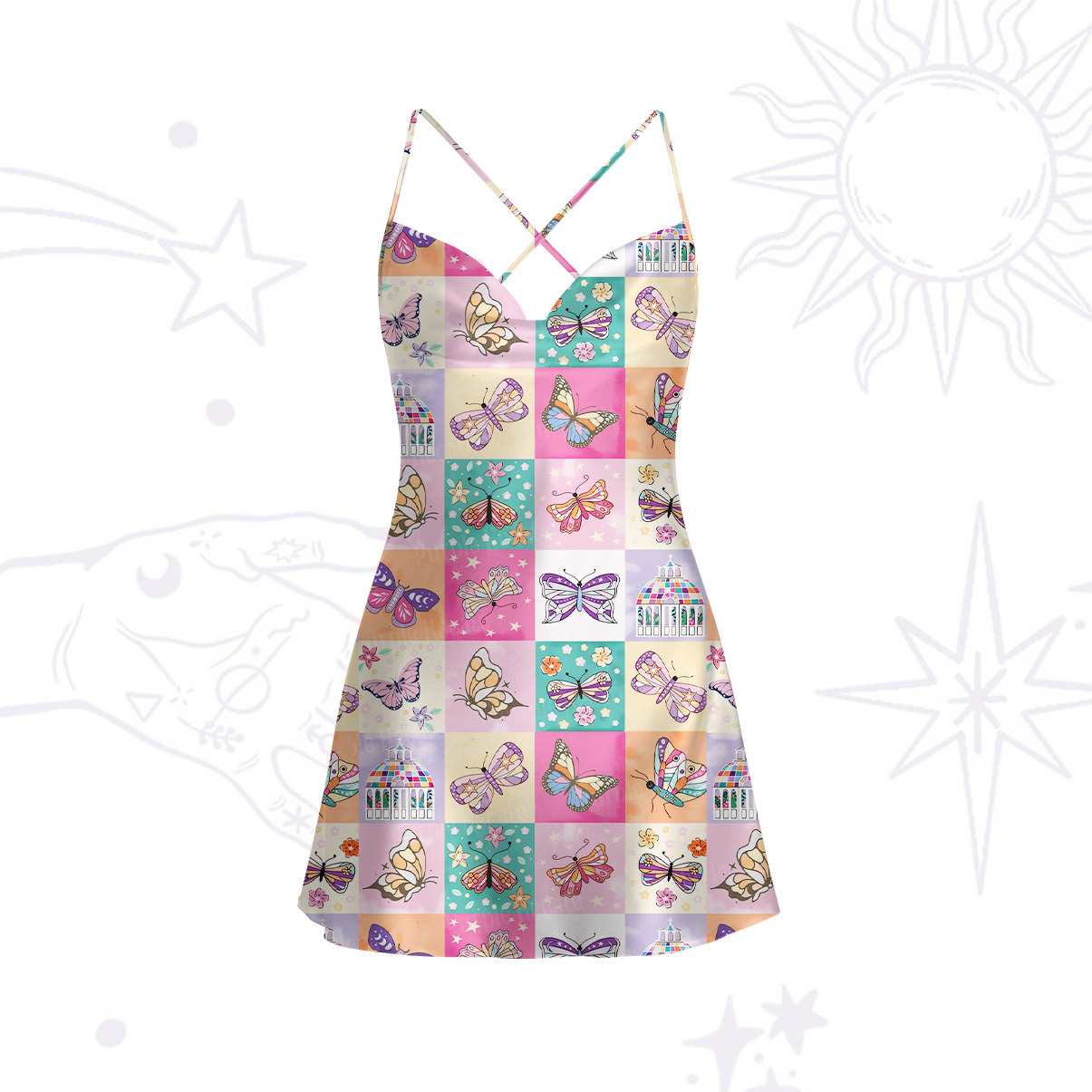 Purplehecate Dreamy Butterfly Garden Satin Cross Back Mini Dress