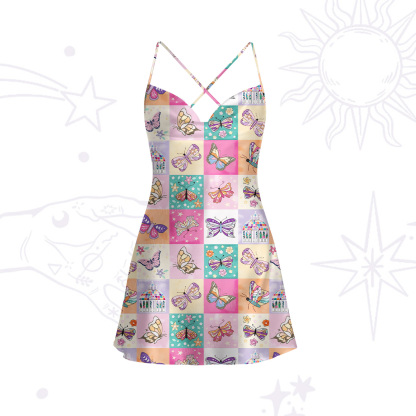 Purplehecate Dreamy Butterfly Garden Satin Cross Back Mini Dress