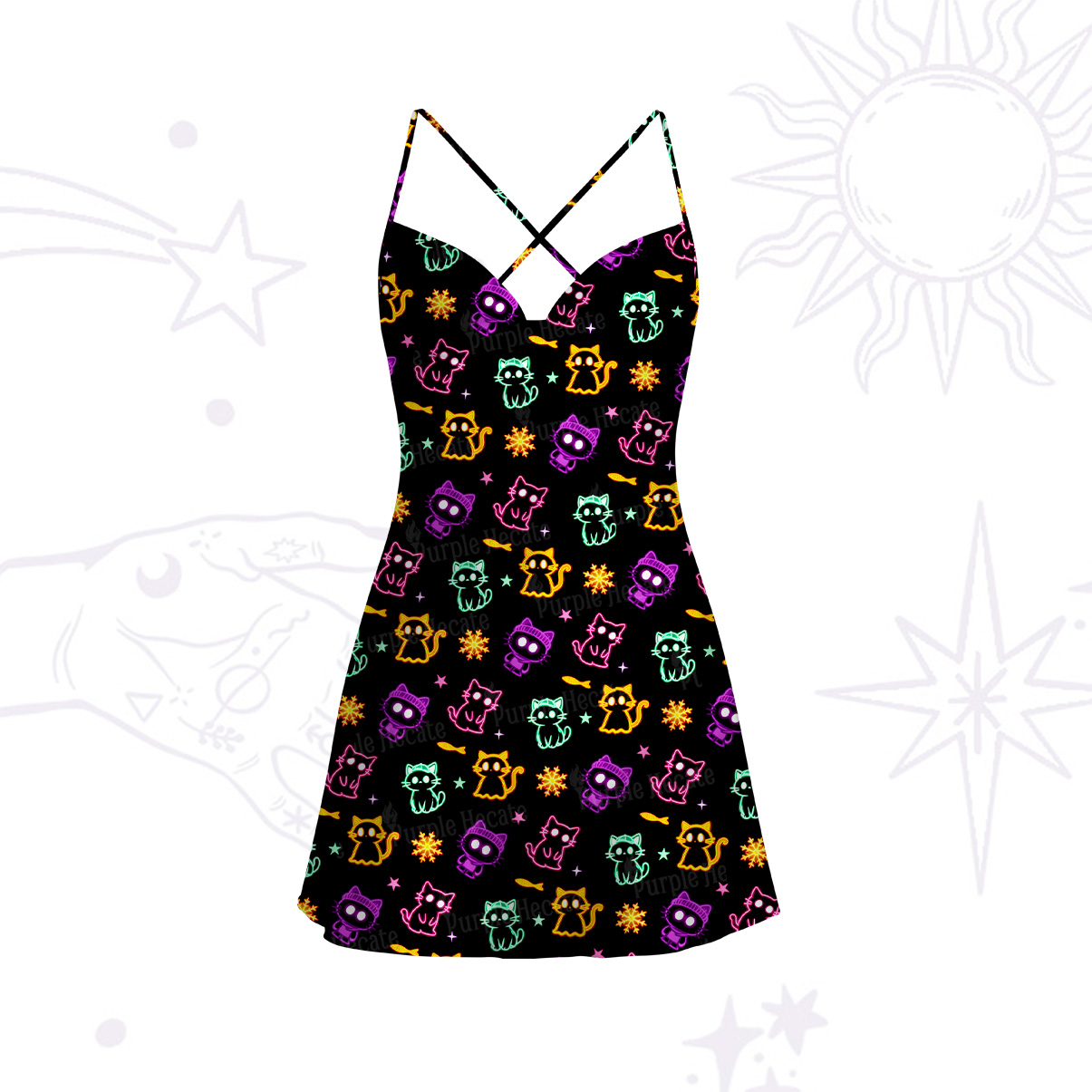 Purplehecate Neon Cat Party Satin Cross Back Mini Dress