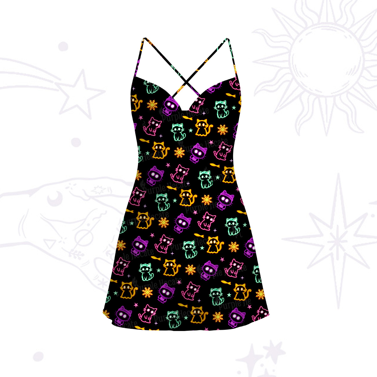 Purplehecate Neon Cat Party Satin Cross Back Mini Dress
