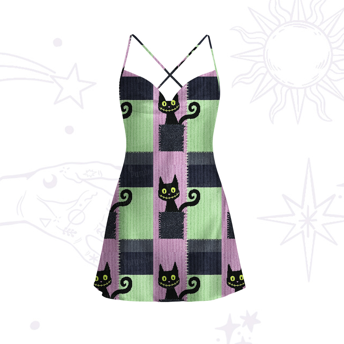 Purplehecate Monster Black Cat Satin Cross Back Mini Dress