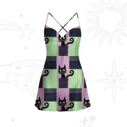 Purplehecate Monster Black Cat Satin Cross Back Mini Dress