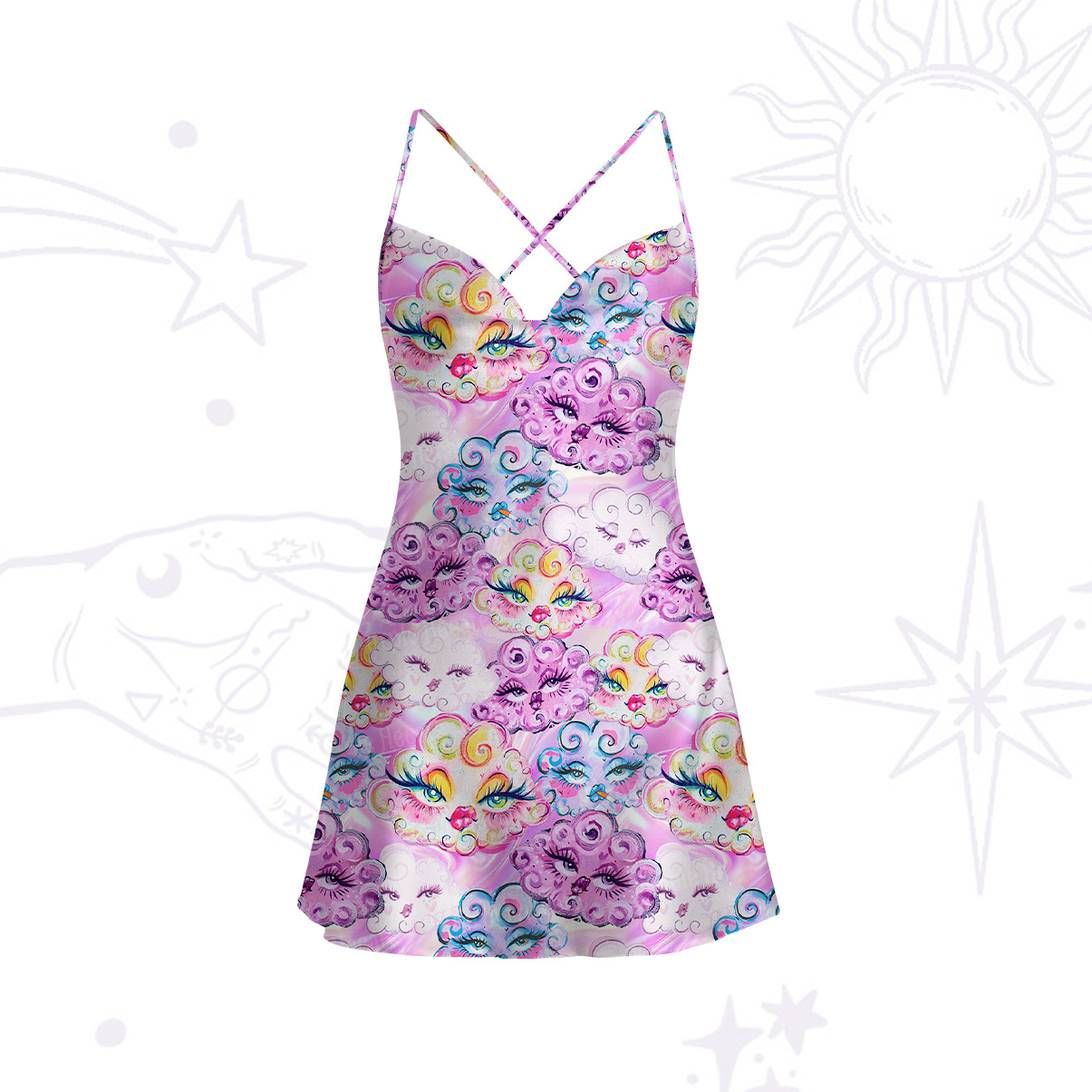 Purplehecate Dreamy Cloud Faces Satin Cross Back Mini Dress