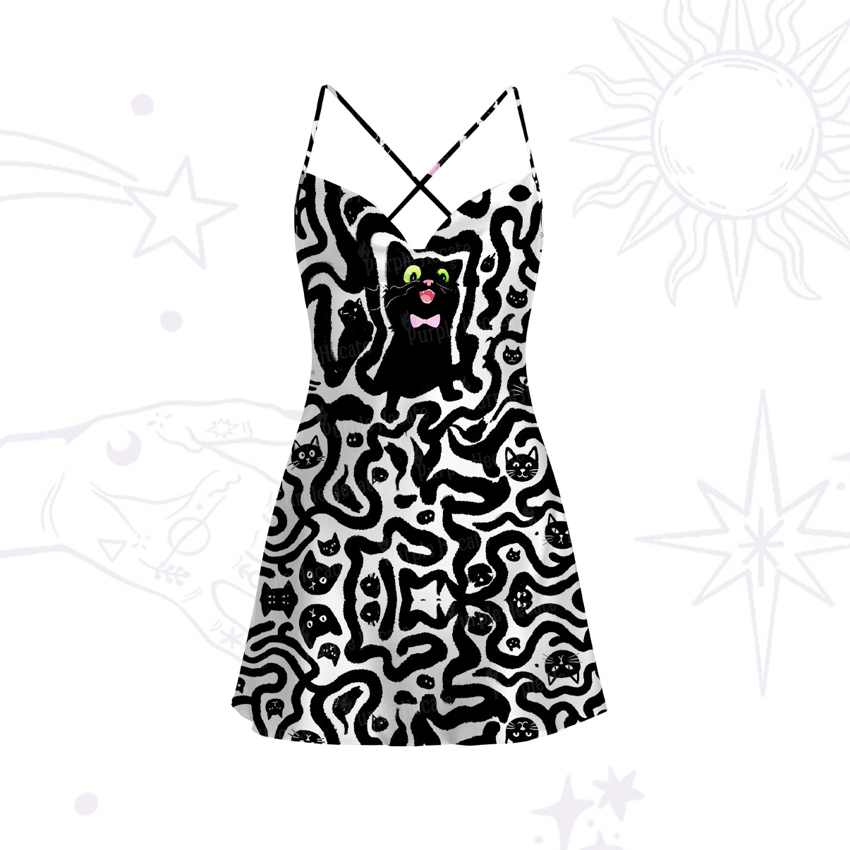 Purplehecate Whimsical Abstract Cat Satin Cross Back Mini Dress