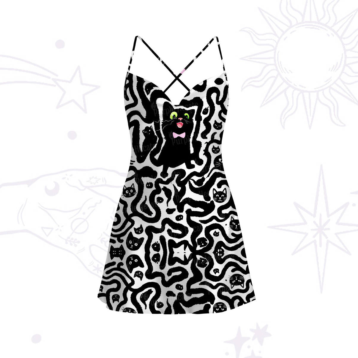 Purplehecate Whimsical Abstract Cat Satin Cross Back Mini Dress