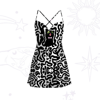 Purplehecate Whimsical Abstract Cat Satin Cross Back Mini Dress