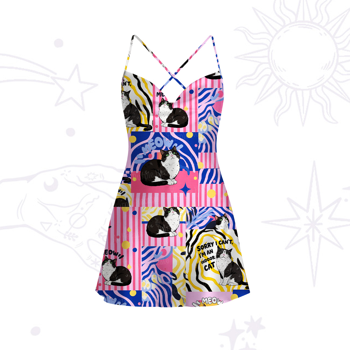 Purplehecate Sorry I Can't Go I'm an Indoor Cat Satin Cross Back Mini Dress