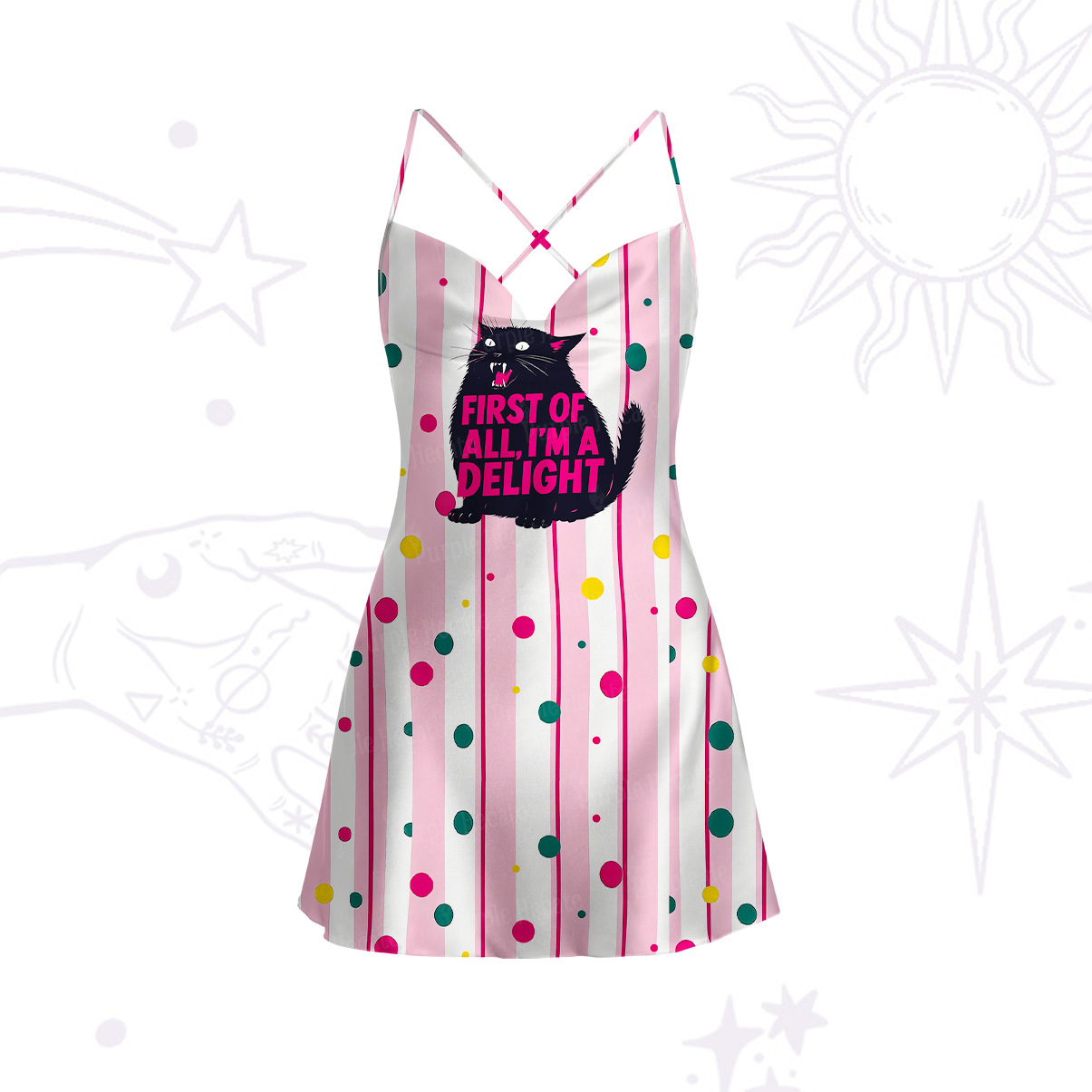 Purplehecate First Of All I'm A Delight Cat Satin Cross Back Mini Dress