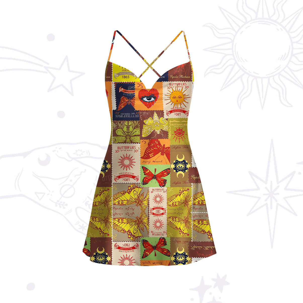 Purplehecate Butterfly Celestial Patchwork Satin Cross Back Mini Dress