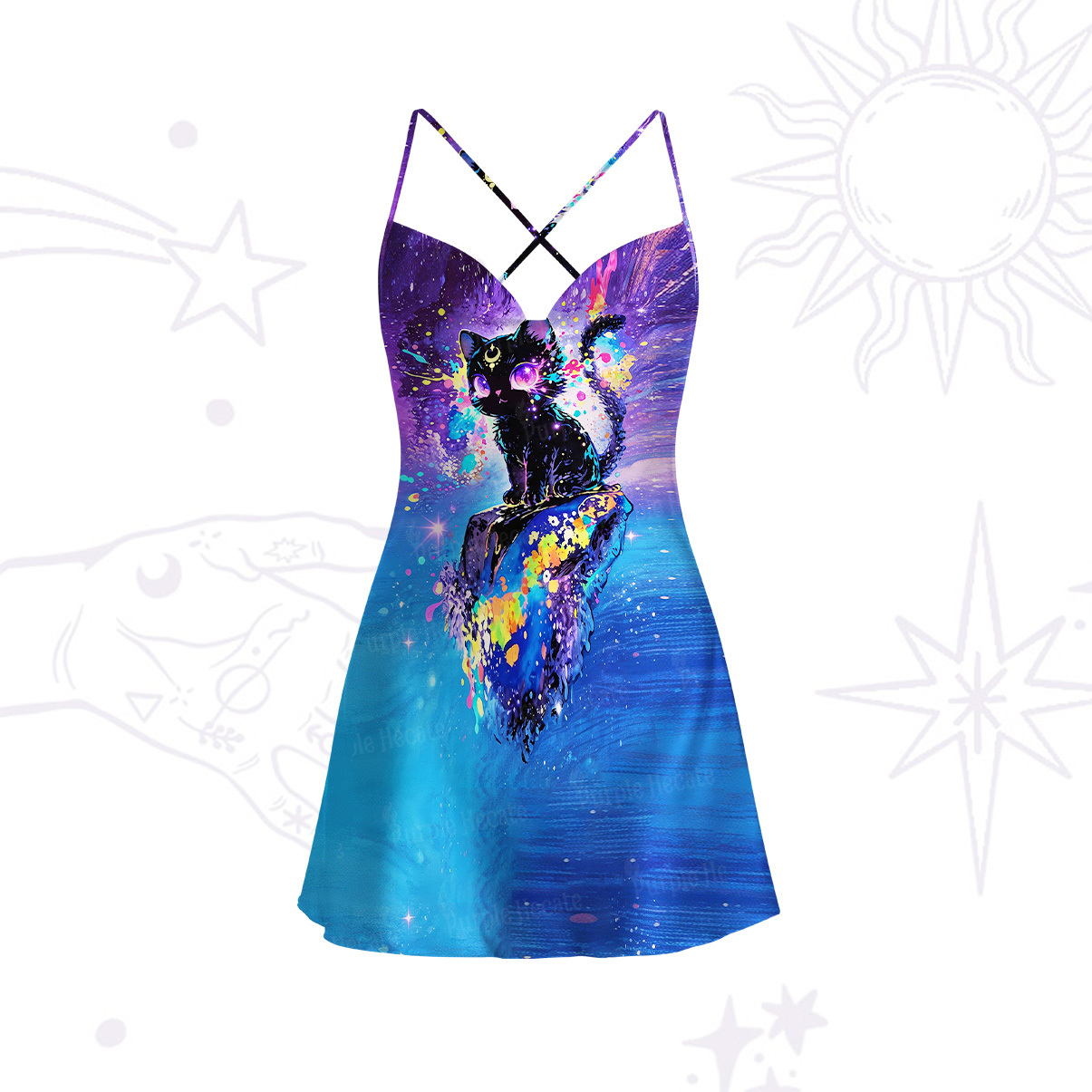 Purplehecate Neon Galaxy Cat Satin Cross Back Mini Dress