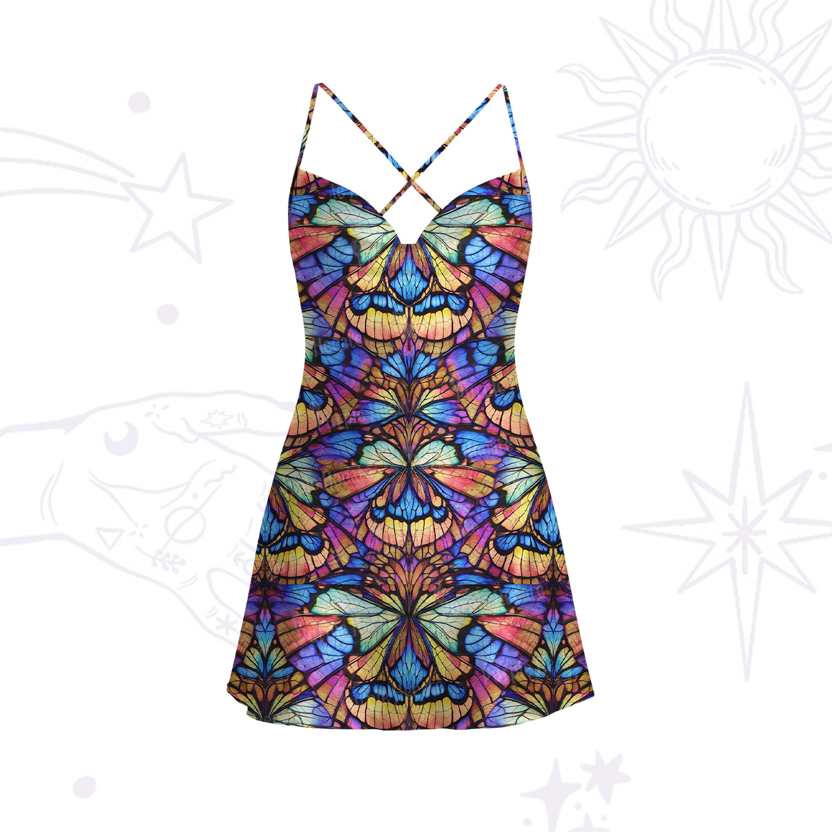 Purplehecate Colorful Butterfly Wing Pattern Satin Cross Back Mini Dress