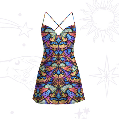 Purplehecate Colorful Butterfly Wing Pattern Satin Cross Back Mini Dress