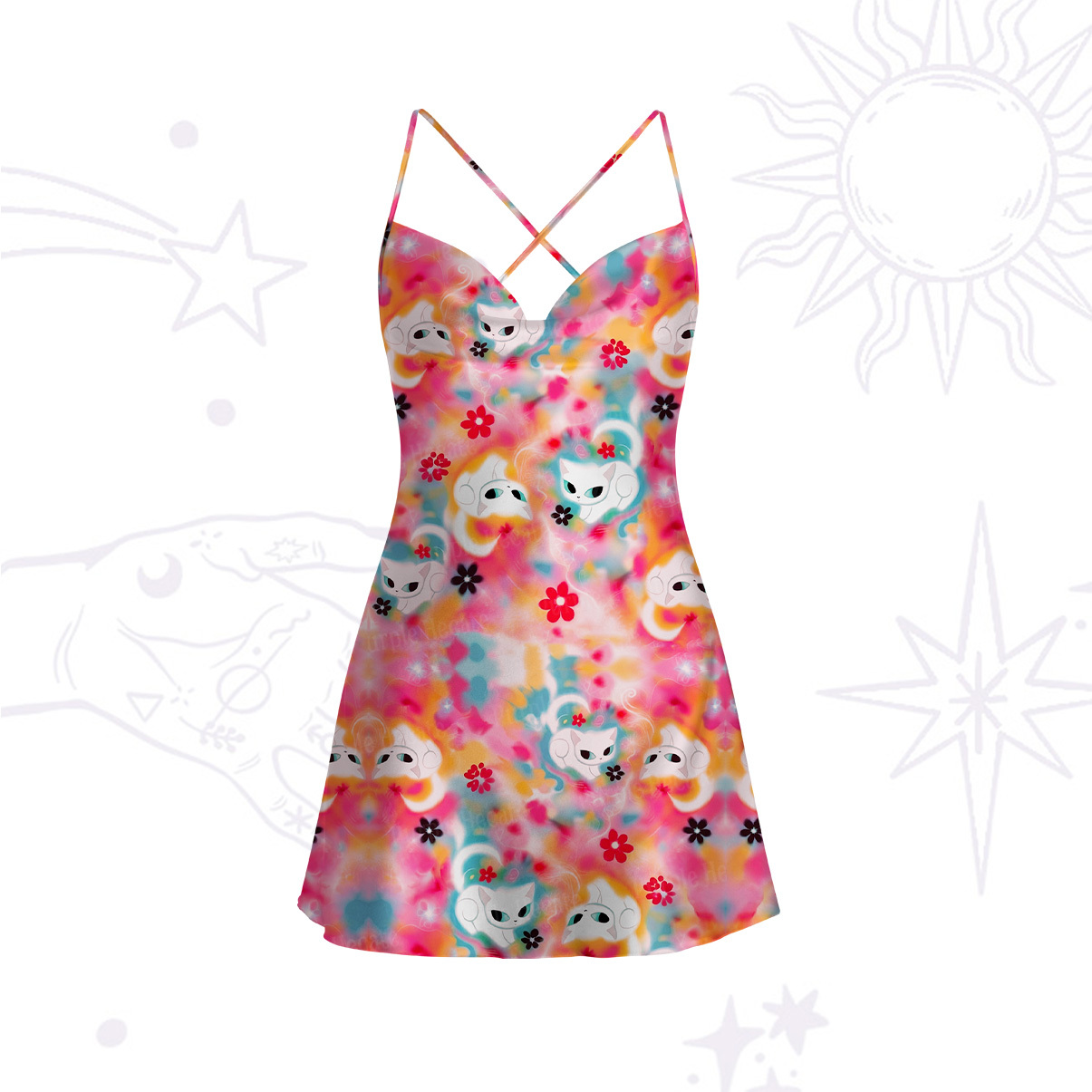 Purplehecate Color Splash Cat Satin Cross Back Mini Dress