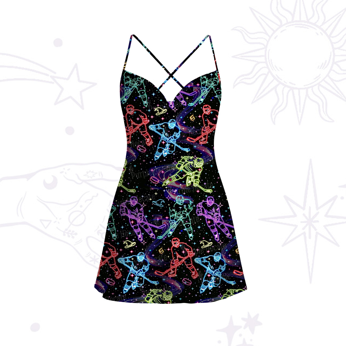 Purplehecate Neon Night Hockey Satin Cross Back Mini Dress