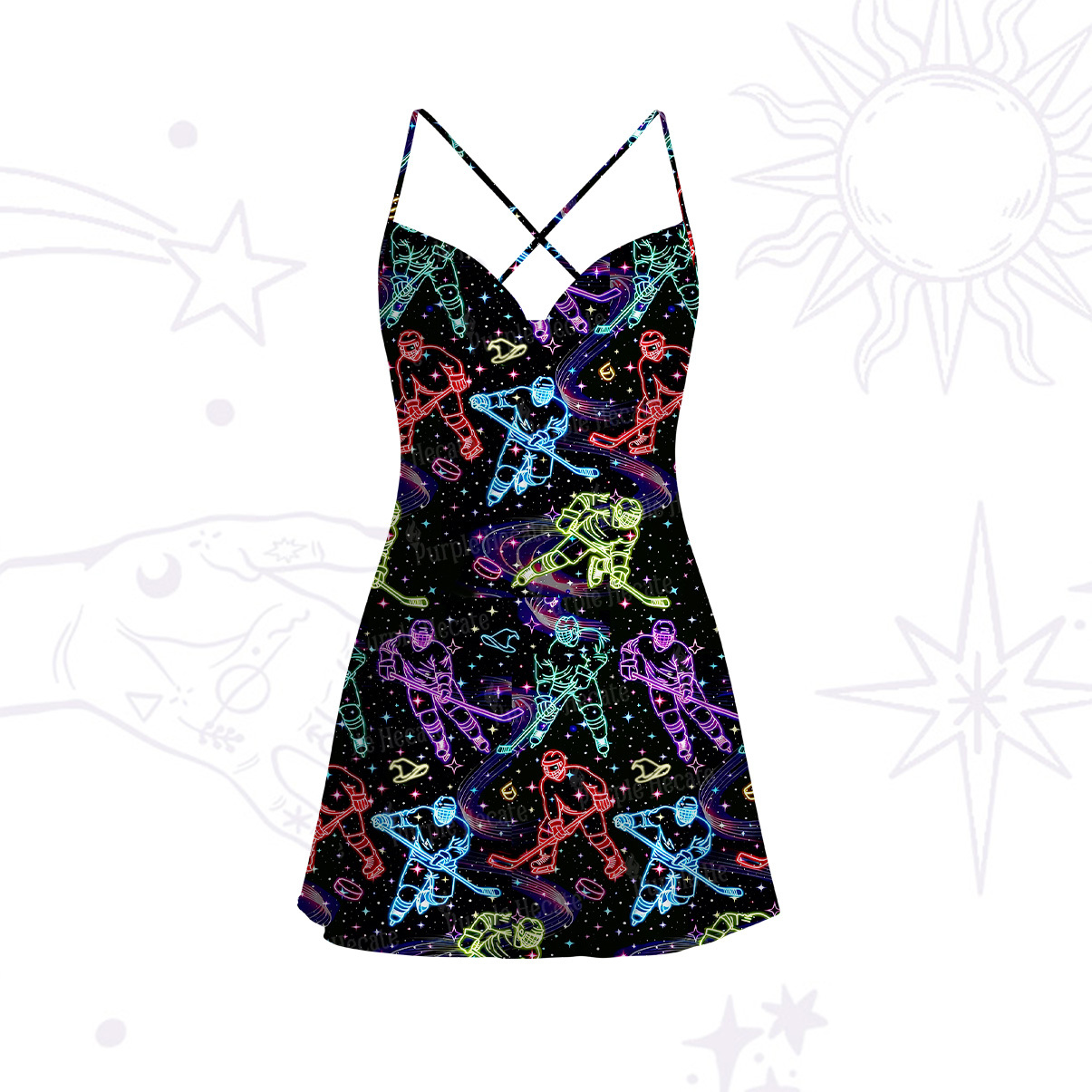 Purplehecate Neon Night Hockey Satin Cross Back Mini Dress