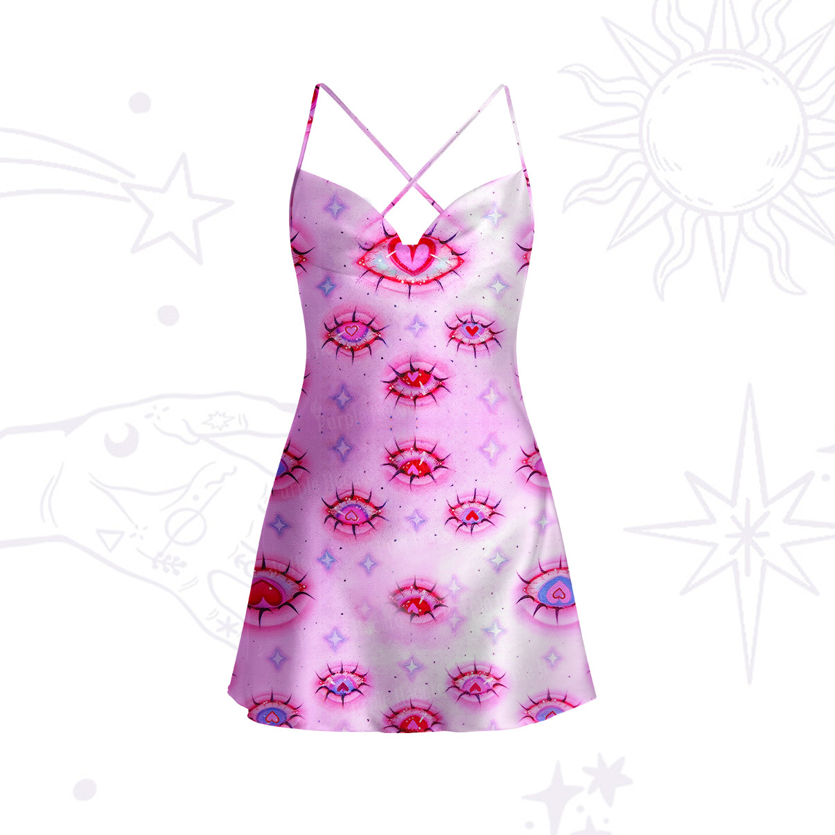 Purplehecate Mystic Love-Eye Satin Cross Back Mini Dress