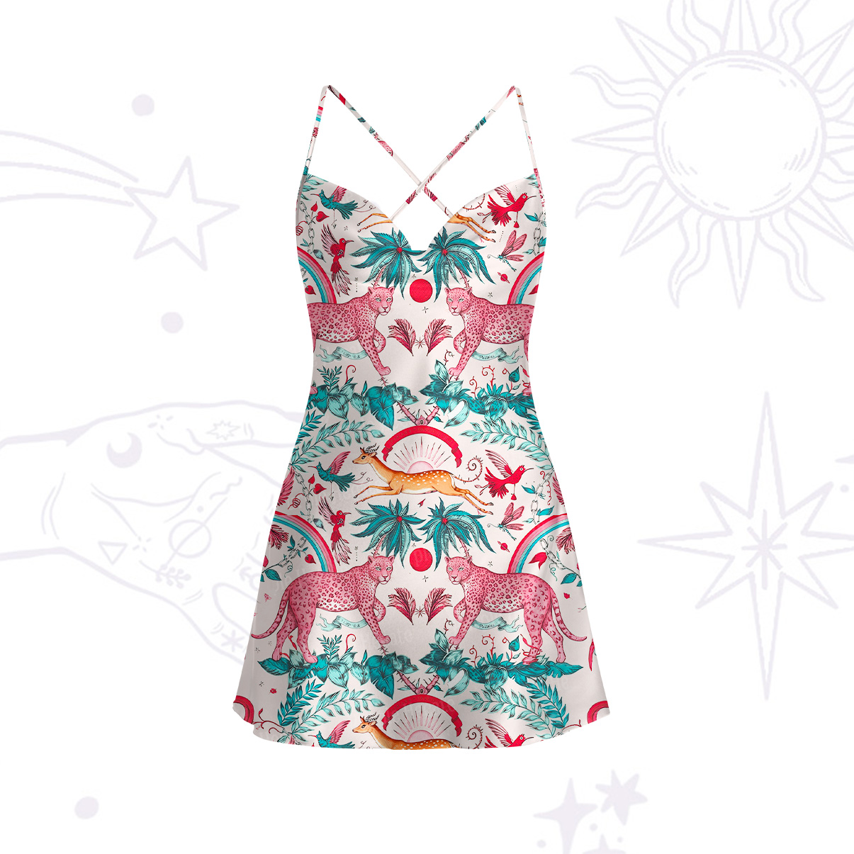 Purplehecate Enchanted Forest Pink Leopard Satin Cross Back Mini Dress