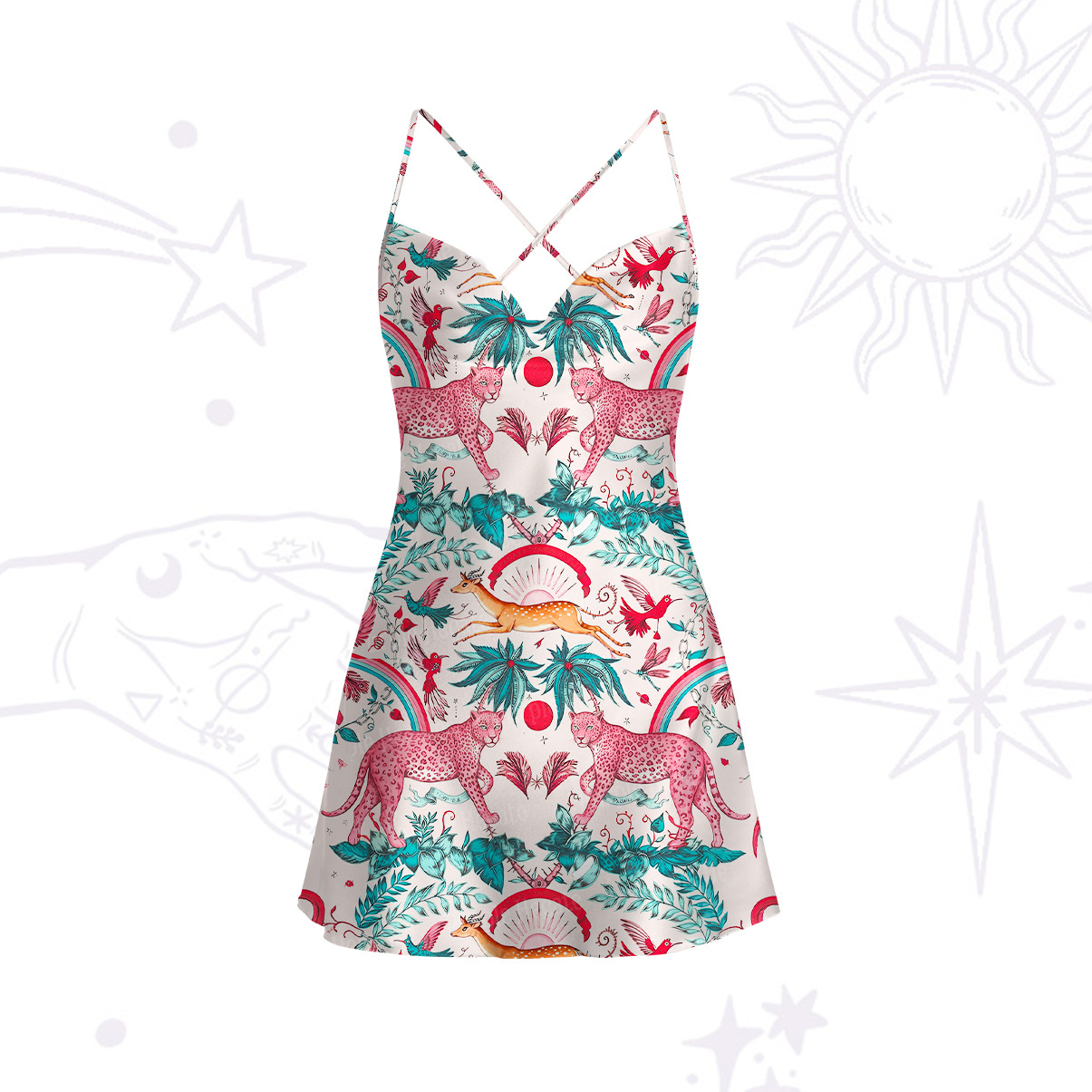 Purplehecate Enchanted Forest Pink Leopard Satin Cross Back Mini Dress