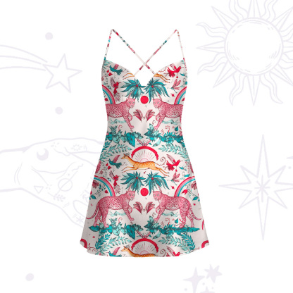 Purplehecate Enchanted Forest Pink Leopard Satin Cross Back Mini Dress