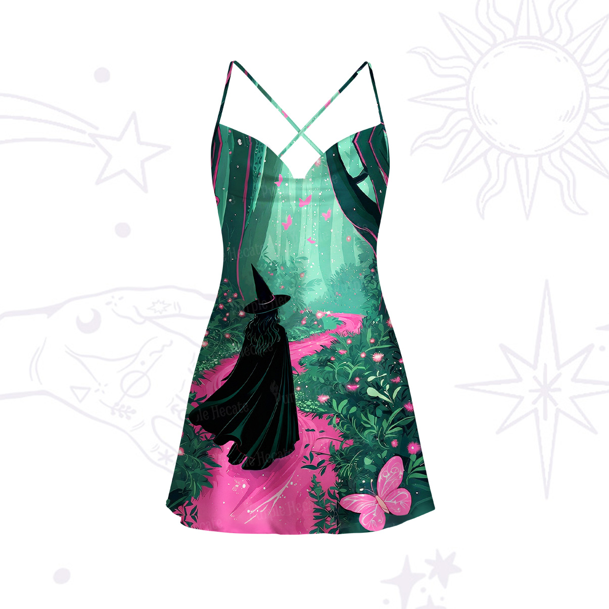 Purplehecate Witchy Forest Satin Cross Back Mini Dress